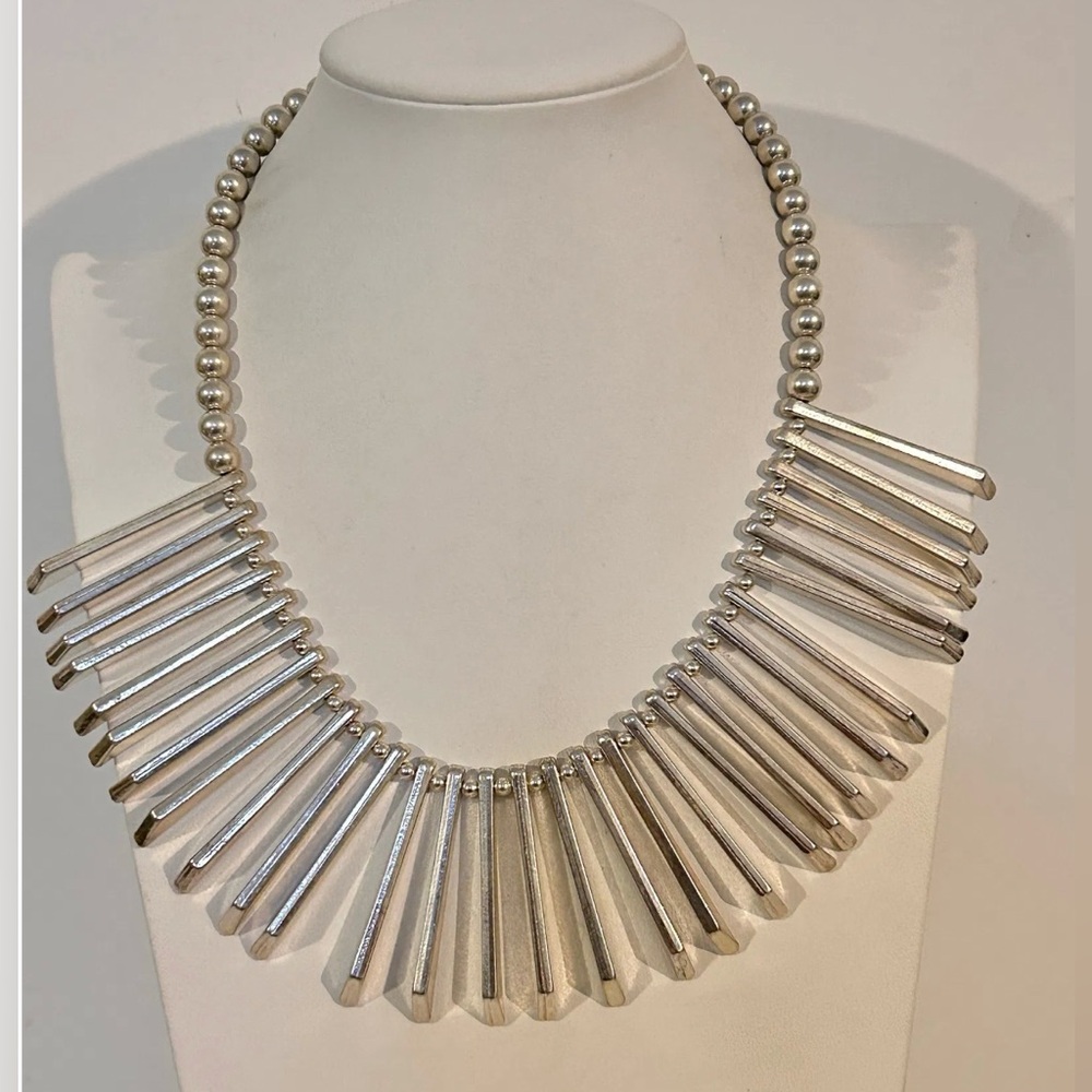 RETRO Vintage Silver Tone Fringe Spike Beaded Necklace 17"